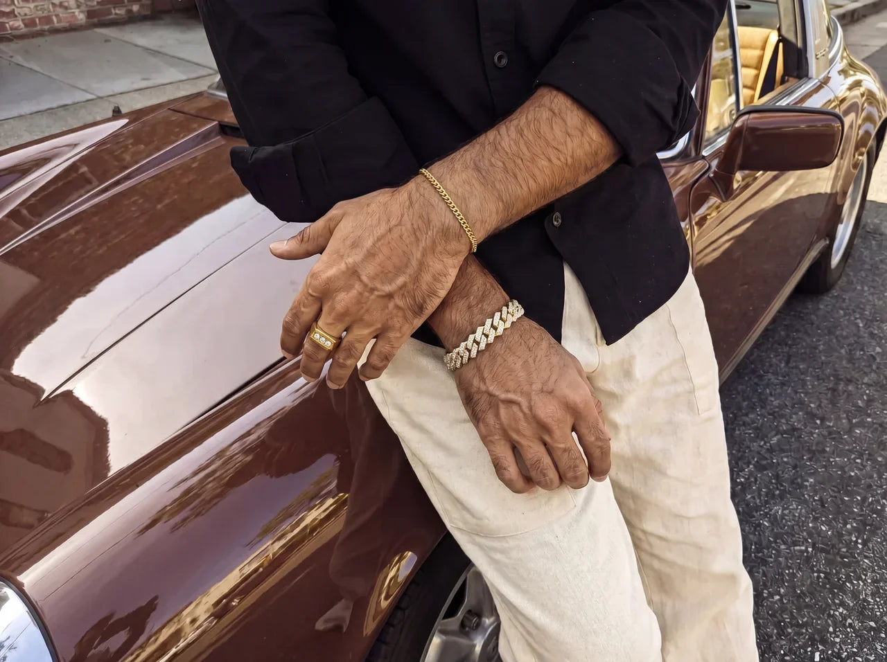men's gold jewellery styled with classic car